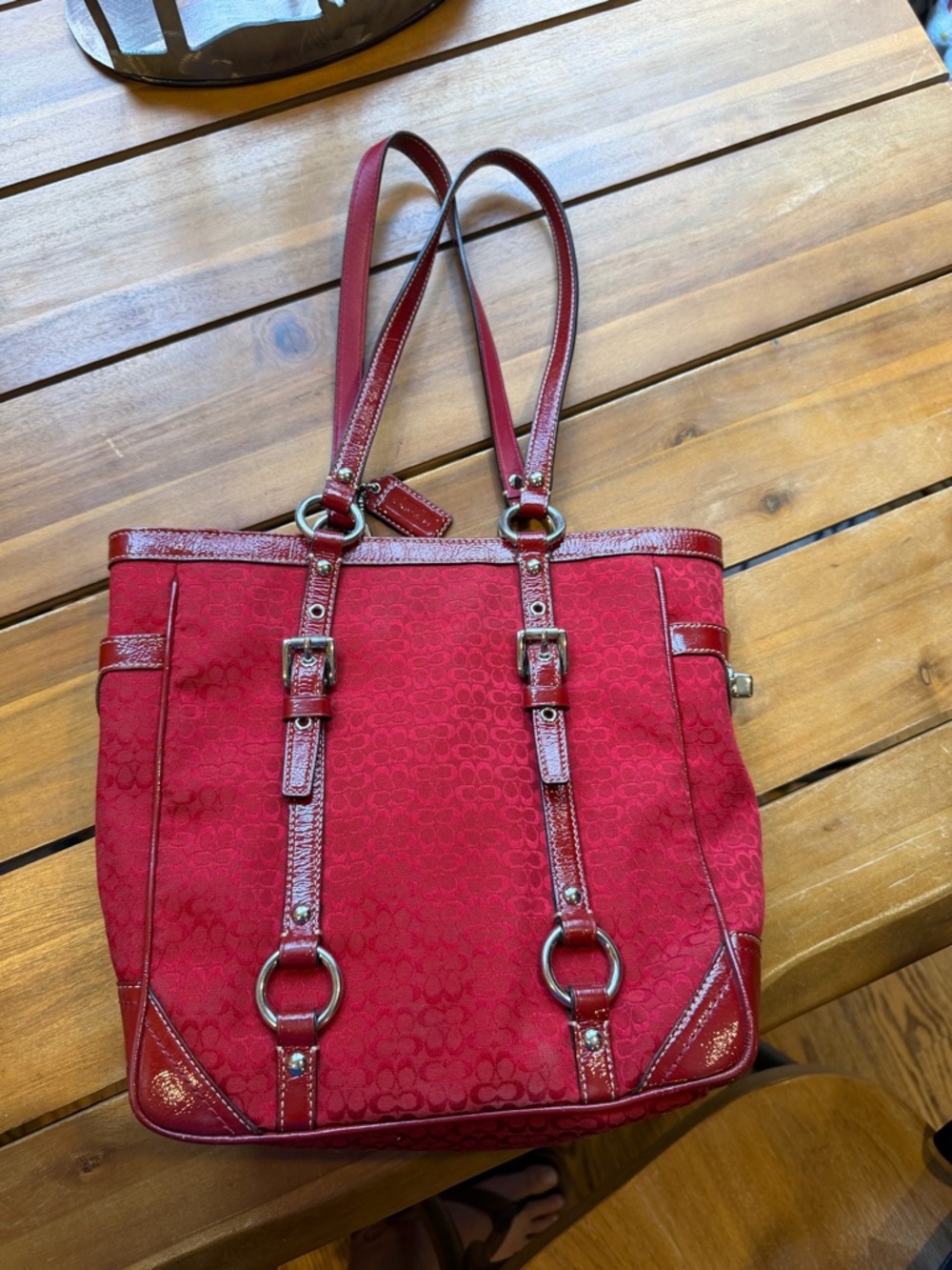 Coach Red Signature Canvas Tote with Patent Leather Trim - Picture 5 of 10